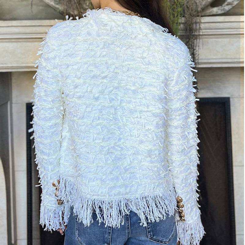 Aislynn | Manteau court à franges – Veste boutonnée chic, vêtement d'extérieur élégant