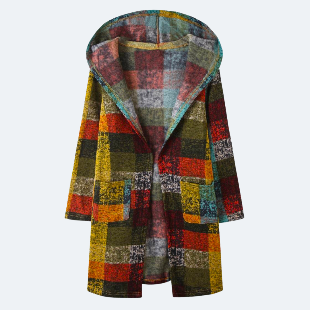 Sorynna | Oversize-Strickjacke mit Kapuze und Karomuster für Damen – Mehrfarbige Strickjacke mit offener Vorderseite