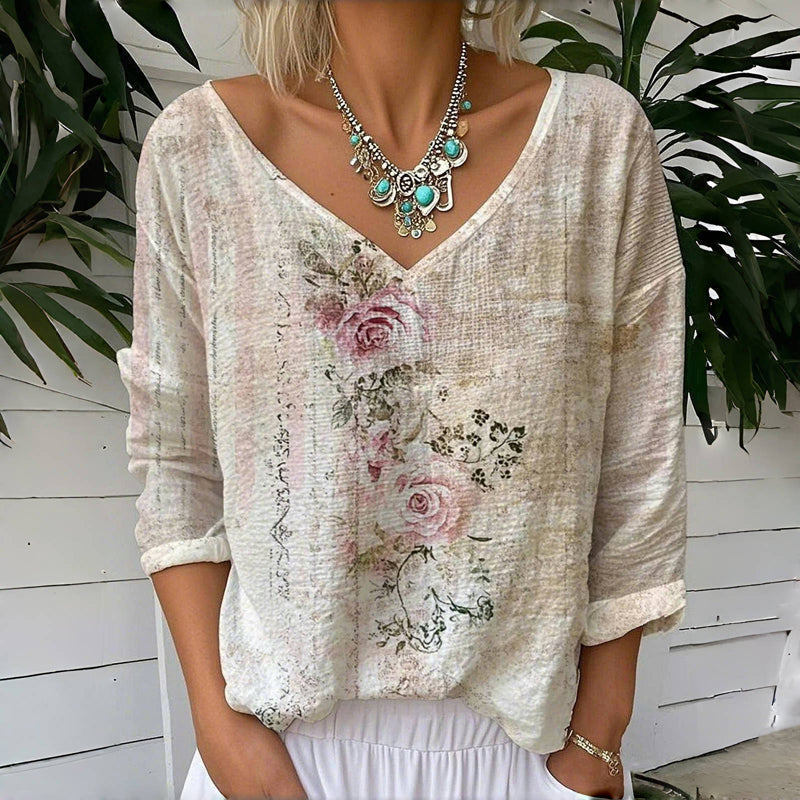 Elirielle | Dames vintage T-shirt met bloemenprint – casual top met 3/4 mouwen, comfortabele blouse