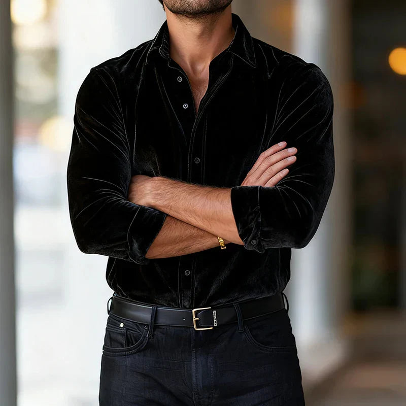 Surge | Men’s Velvet Button-Up Blouse Shirt, Soft Luxe Velvet Top, Long Sleeve Evening & Smart Casual