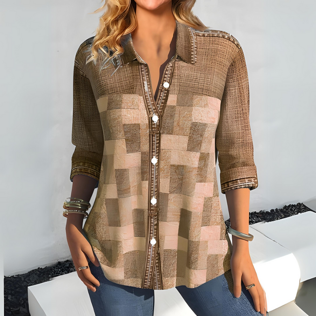 Haedra | Geruit overhemd met knoopsluiting - geruite top met 3/4 mouwen voor dames, casual blouse met geruite print