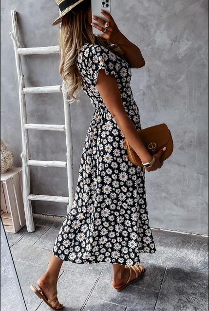 Vaisha | Midi-jurk met bloemenprint voor dames – Zomerse jurk met levendige madeliefjesprint