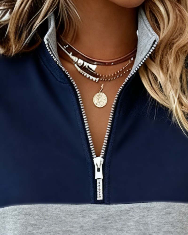 Ghalia | Dames sweatshirt met halve rits en kleurblokken – Casual pullover van katoenmix