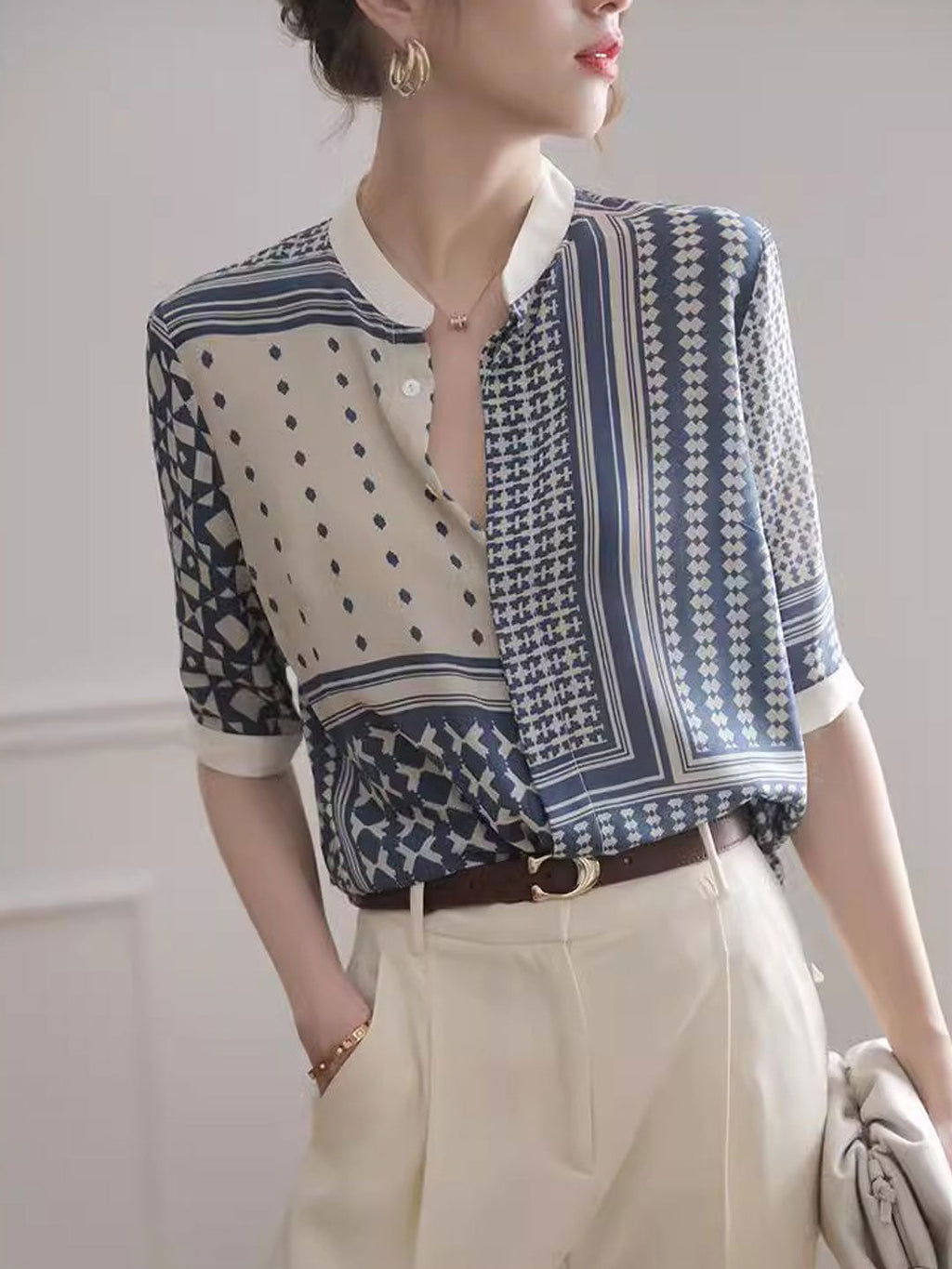 Zulema | Dameshemd met geometrische abstracte print - 3/4 mouwen, lichtgewicht blouse