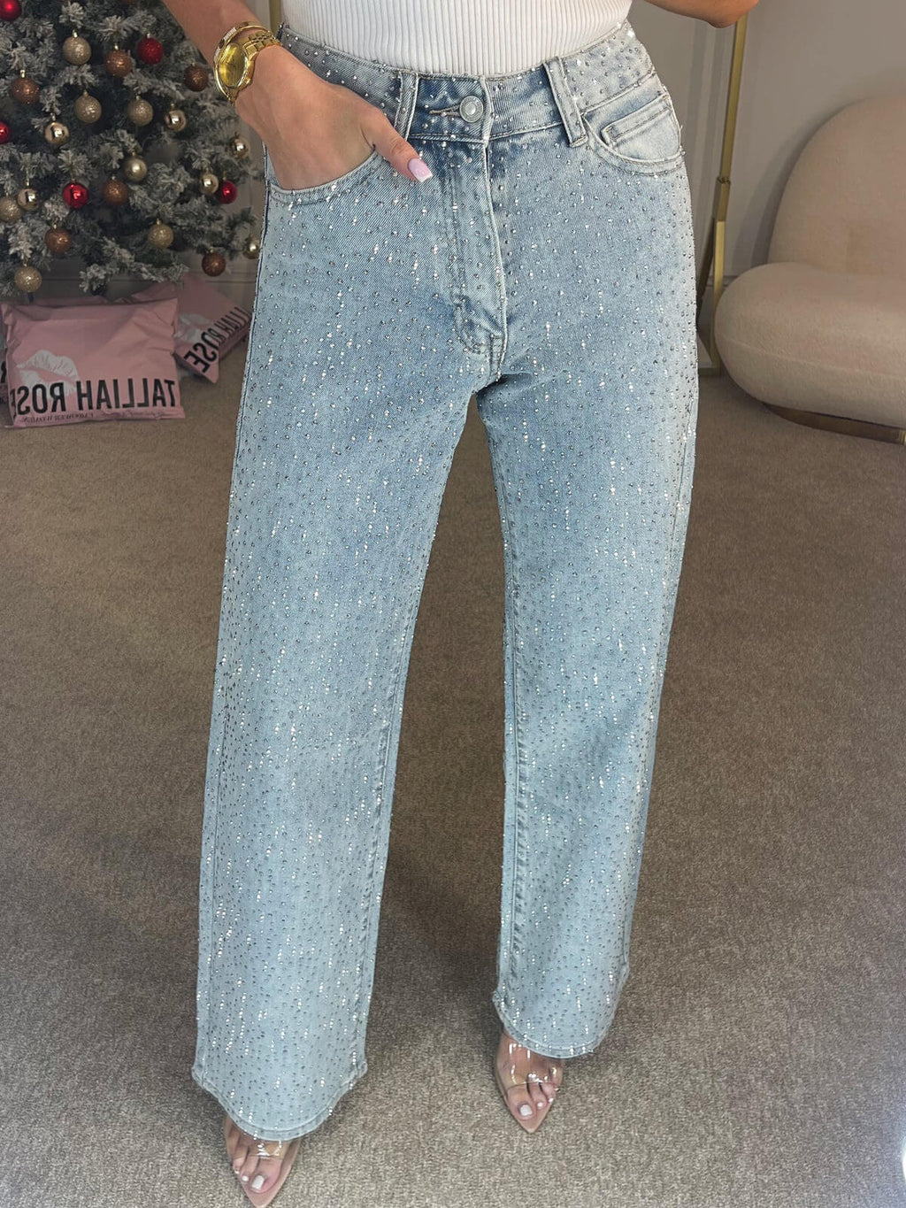 Pryella | Dames Jeans met Wijde Pijpen en Subtiele Pailletten-Glans – Glamoureuze Denim Broek