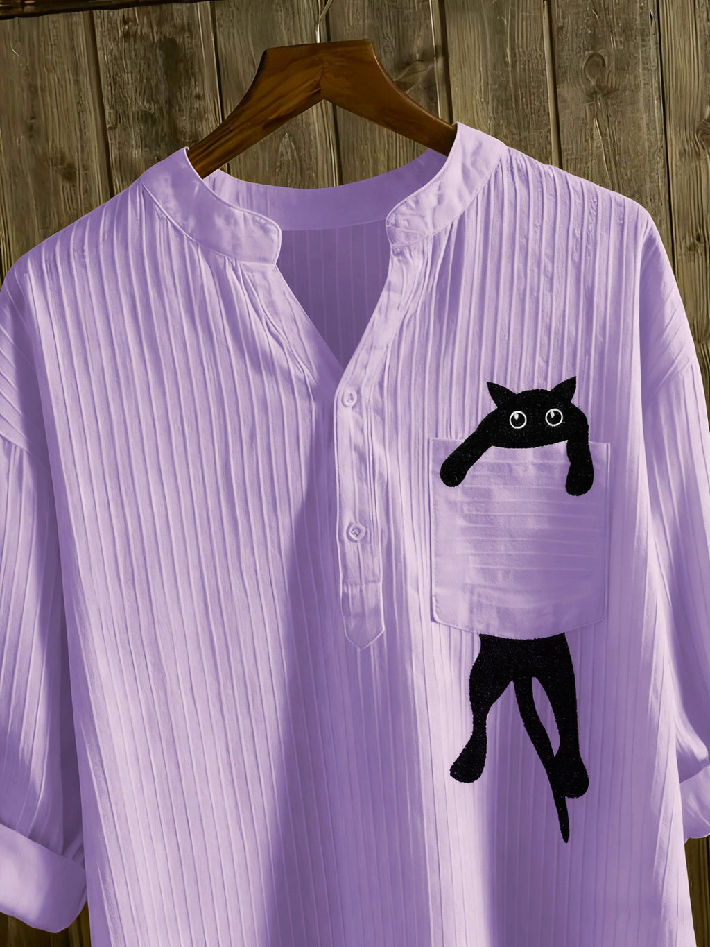 Elziraelen | Damesblouse met geborduurde kat op de zak – puur witte casual blouse met opstaande kraag