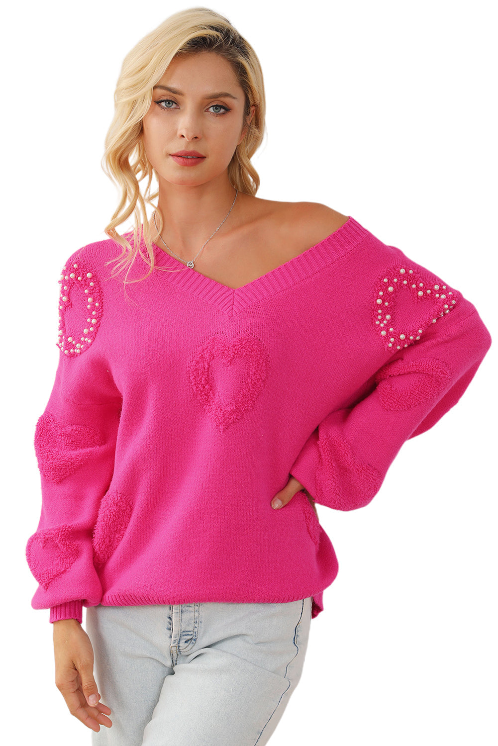 Avarine | Pull femme à cœurs - Col V, perles de nacre et texture douce