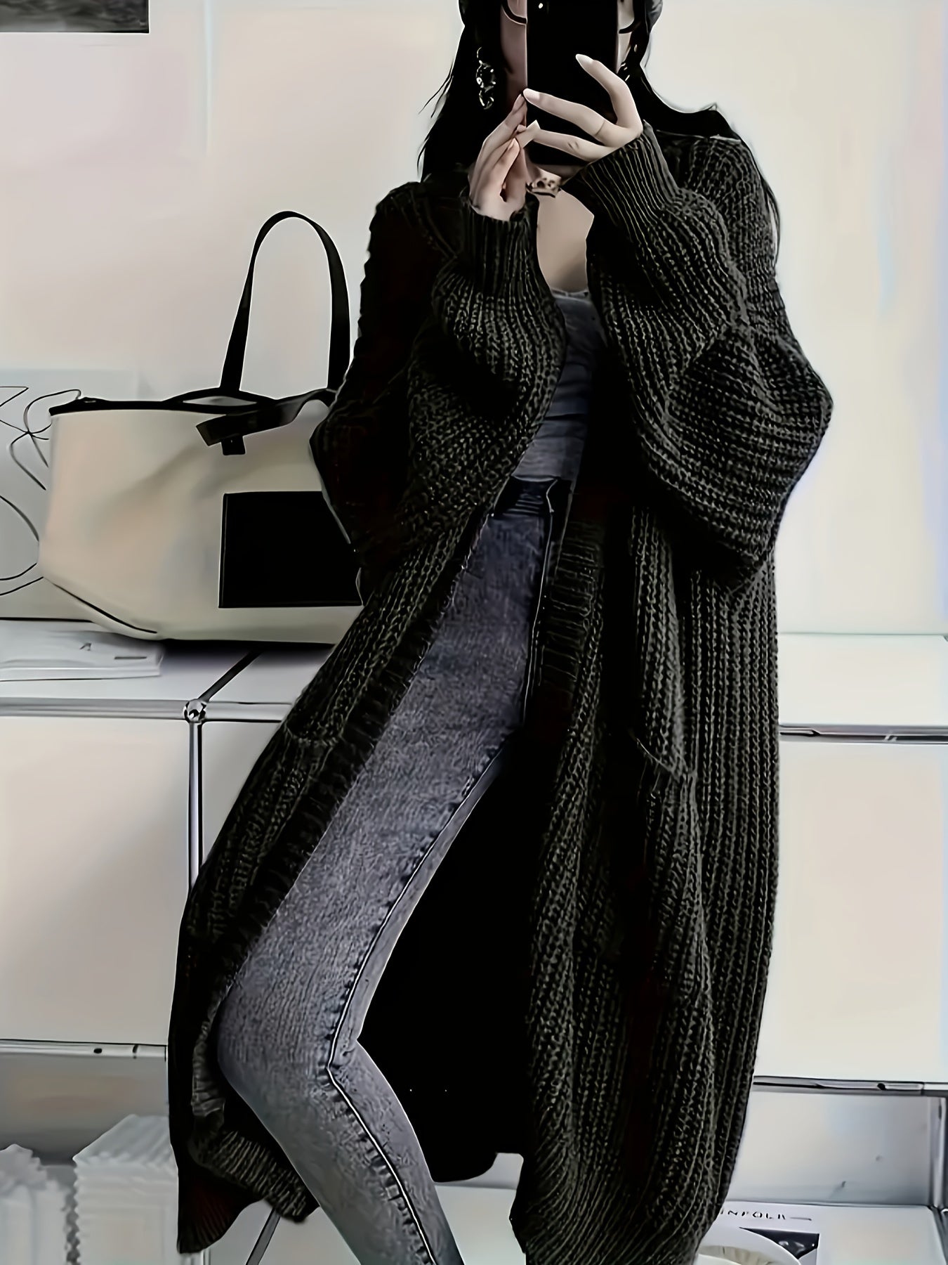 Myvessa | Langer Strickcardigan für Damen – offener, Oversize-Schnitt, lässiger Pullover für Herbst und Winter