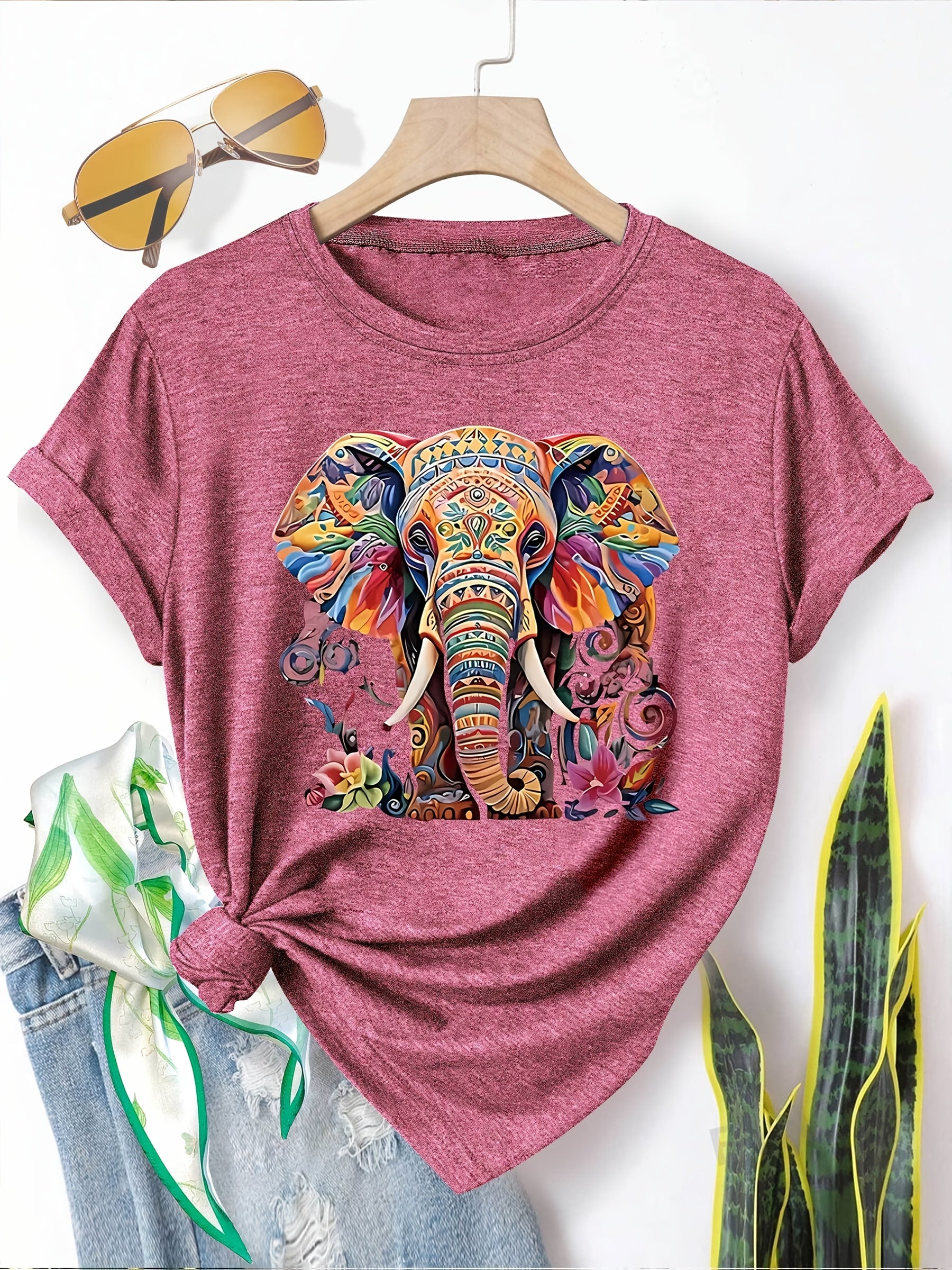 Menya | Dames-T-shirt met olifantenprint – Casual T-shirt in retrostijl met ronde hals en korte mouwen