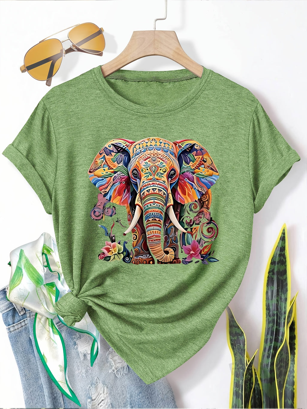 Menya | Dames-T-shirt met olifantenprint – Casual T-shirt in retrostijl met ronde hals en korte mouwen