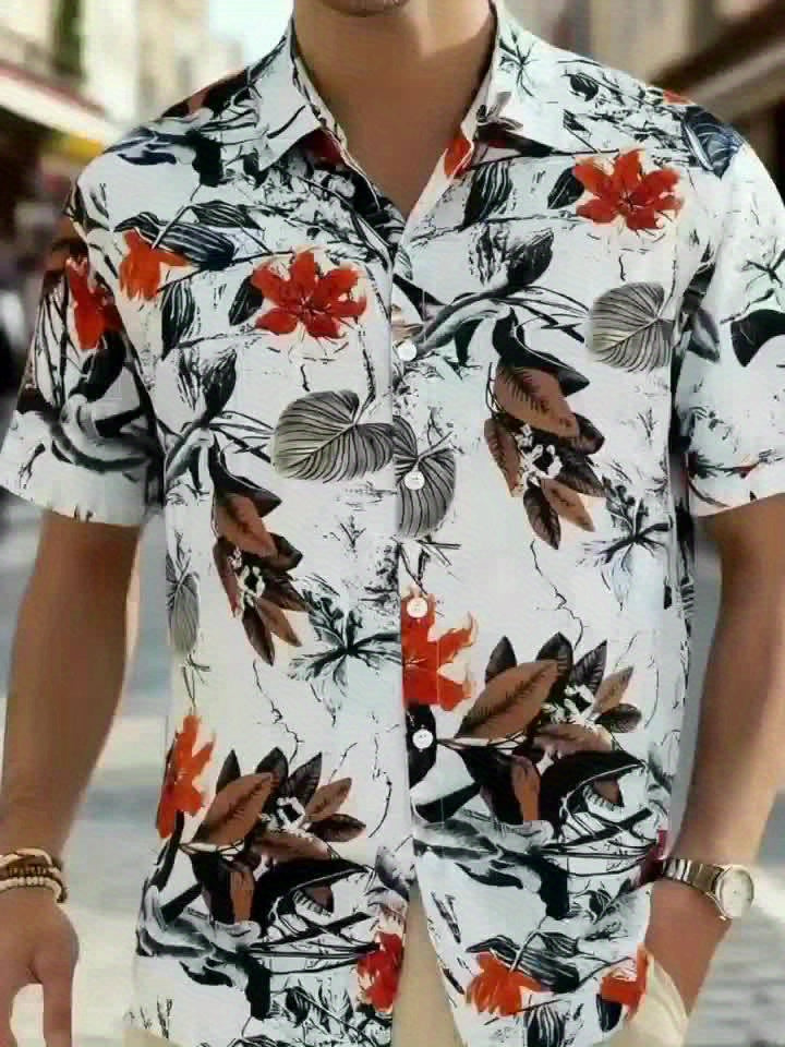 Geno | Heren bladprint overhemd – korte mouwen vakantie shirt
