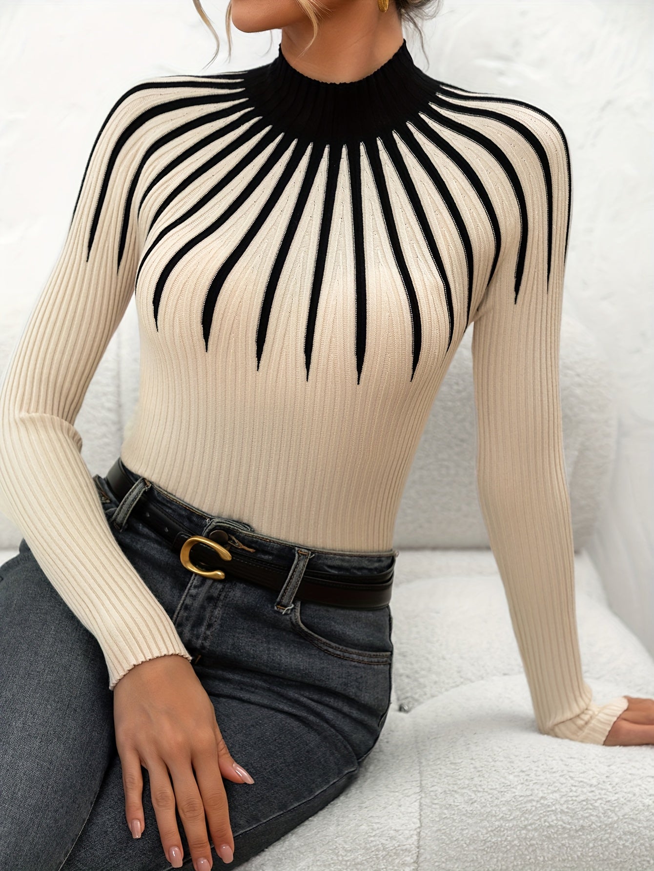 Dariole | Dames Geribde Colorblock Pullover – Elegante Gebreide Top met Lange Mouwen