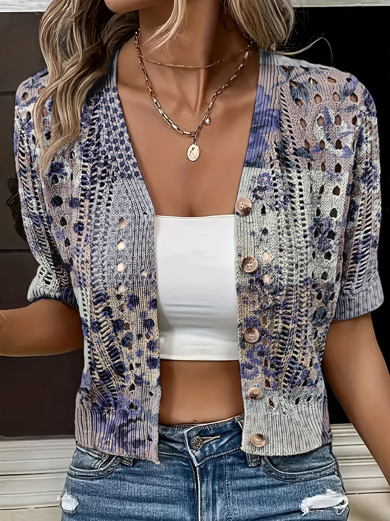 Eenira | Dames Bohemian Haakwerk Vest – Korte V-Hals, Kleurrijk Gebreid Bovenkledingstuk