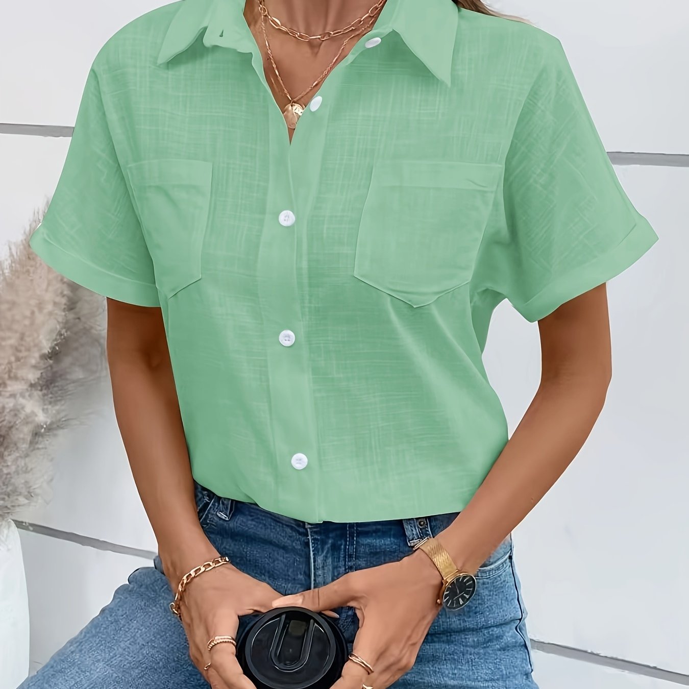 Yvessa | Damesblouse met dubbele zakken en slubstof – Casual shirt met korte mouwen en losse pasvorm