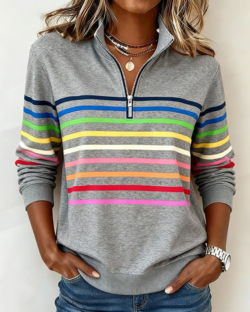 Vayen | Regenboogstreep sweatshirt met halve rits voor dames – Casual pullover, trendy kleurrijke top