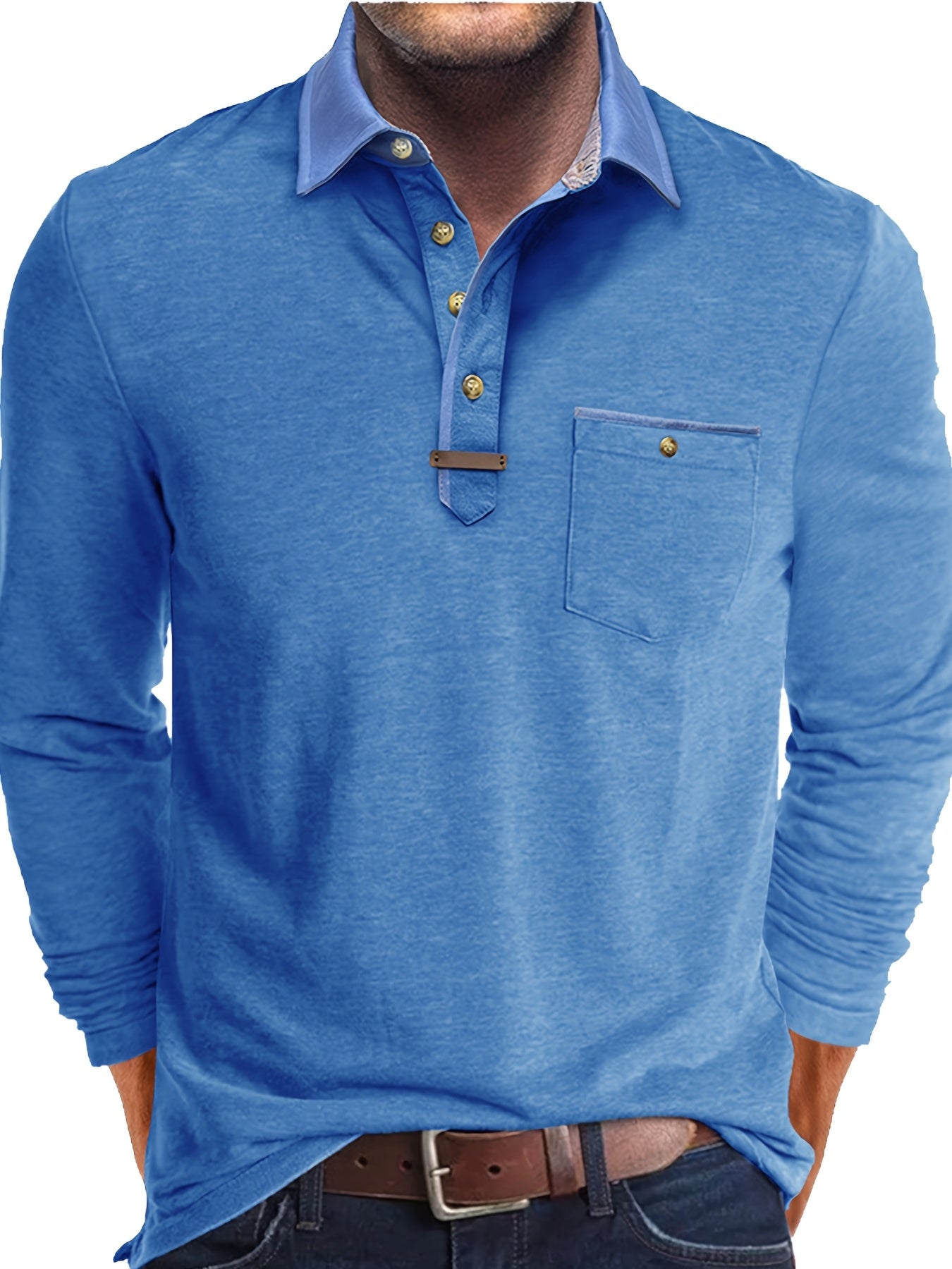 Paulo | Polo homme à manches longues – Henley décontracté avec col color-block et poche poitrine