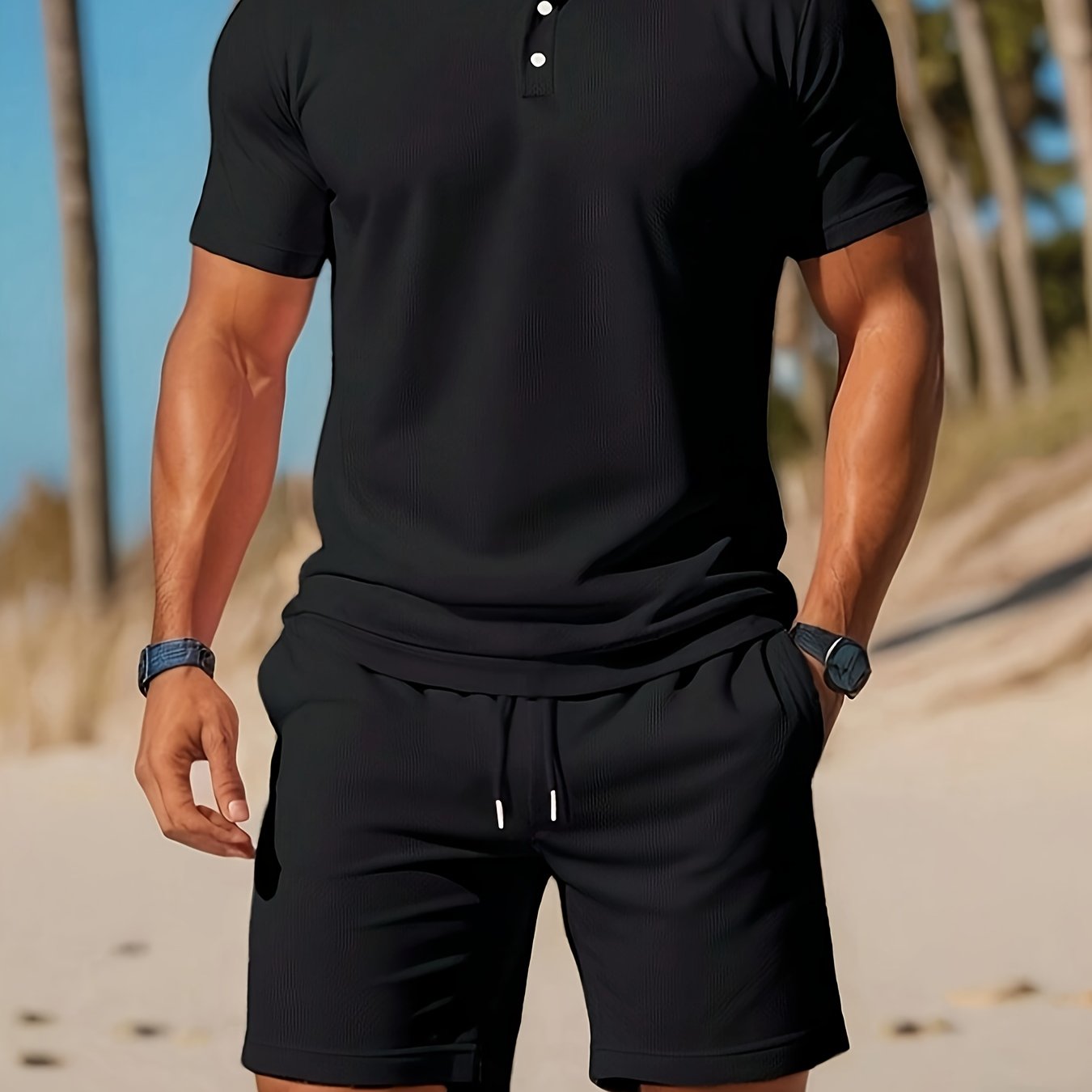 Thorsten | Herren-Poloshirt und Shorts mit Kordelzug, einfarbig - lässige Sportbekleidung