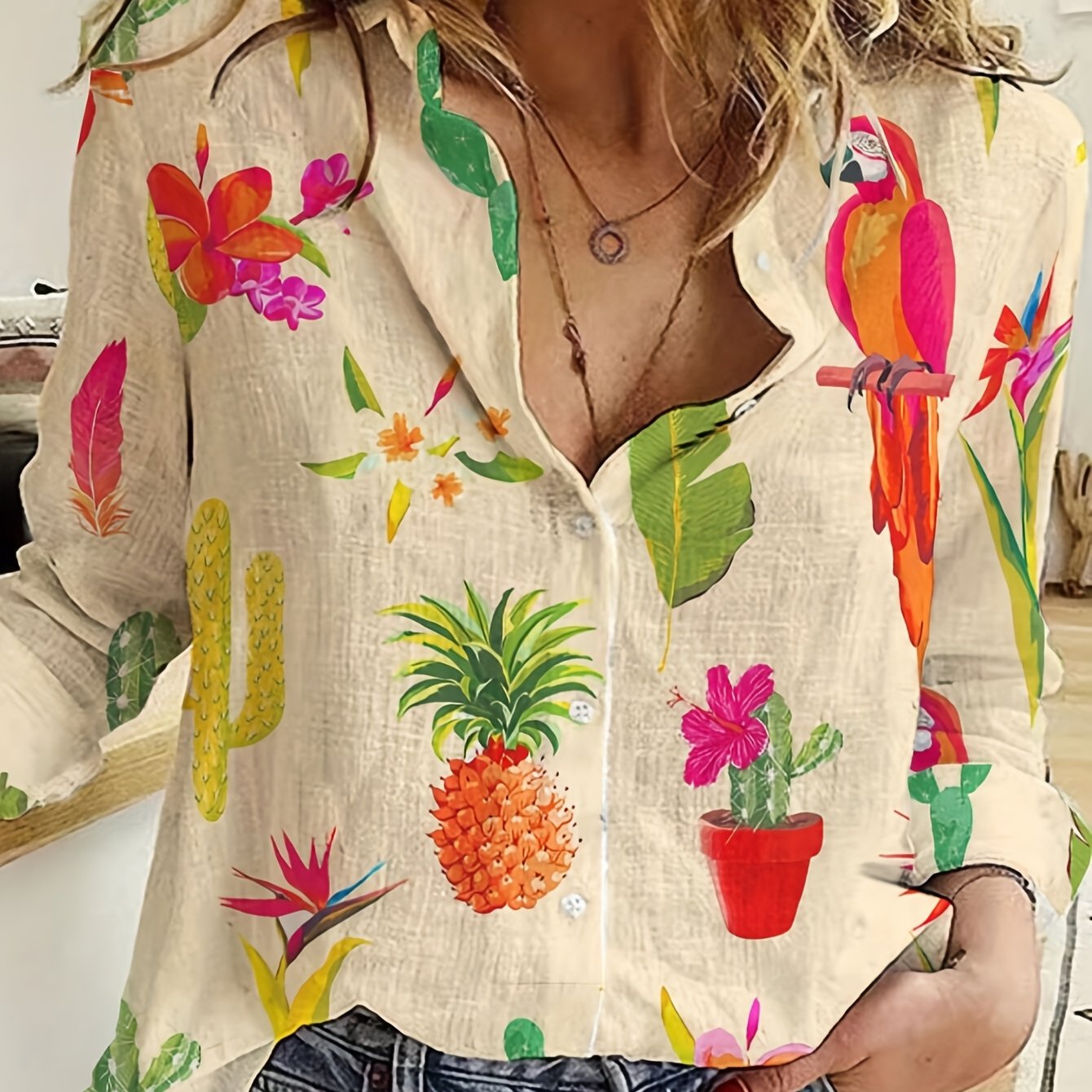 Noravelle | Dames tropische print blouse – knoopsluiting, enkelrijs casual overhemdblouse