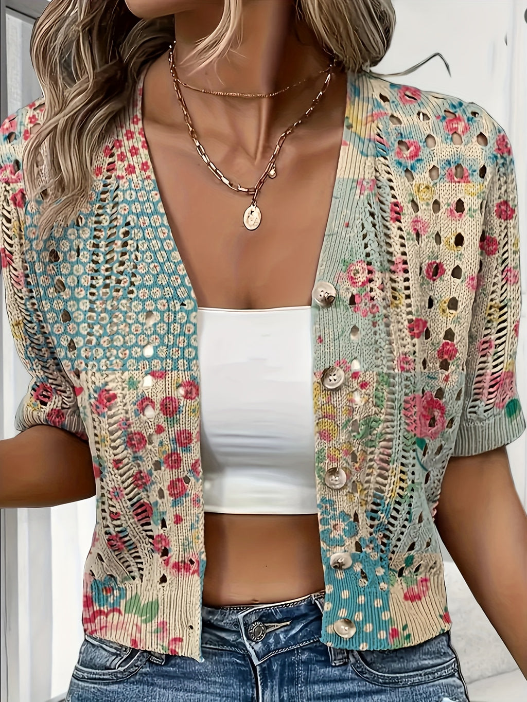 Cyravelle | Bohemian gehaakte korte cardigan – zomerse kortmouwen vest als lichte outerwear
