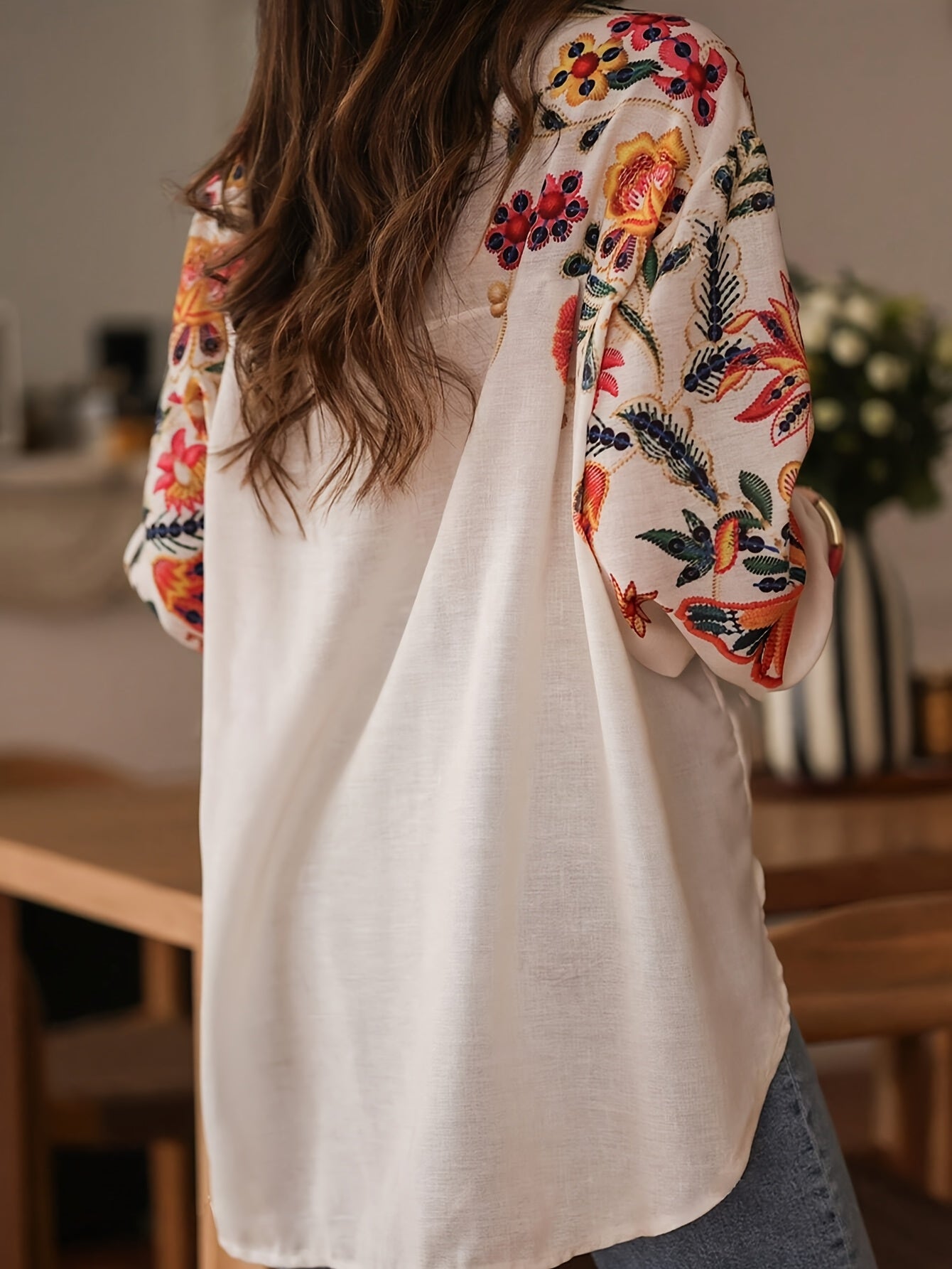 Heliara | Boho geborduurde damesblouse - Knoopoverhemd met lange mouwen en kapselkraag