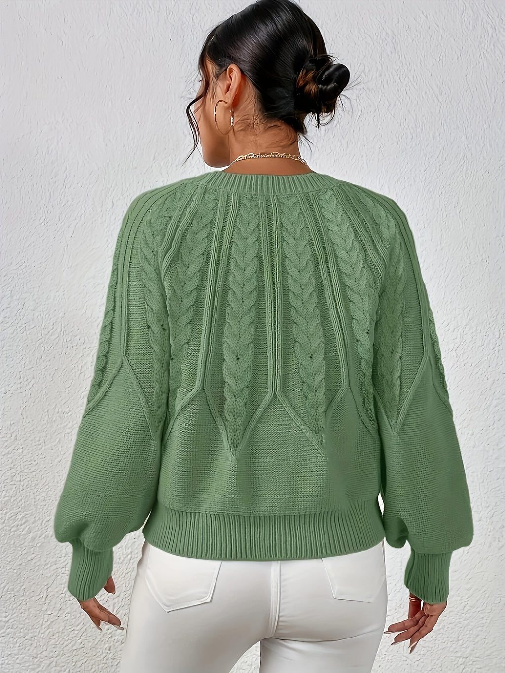 Kalyth | Damen-Zopfstrickpullover mit Laternenärmeln – Elegantes Strickoberteil für Herbst und Winter