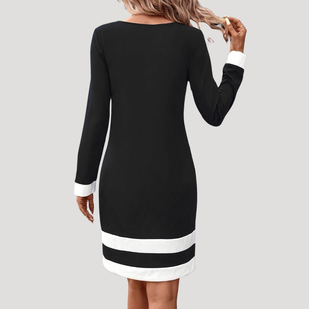 Valviera | Elegante midi-jurk met kleurblokken voor dames – ronde hals, lange mouwen