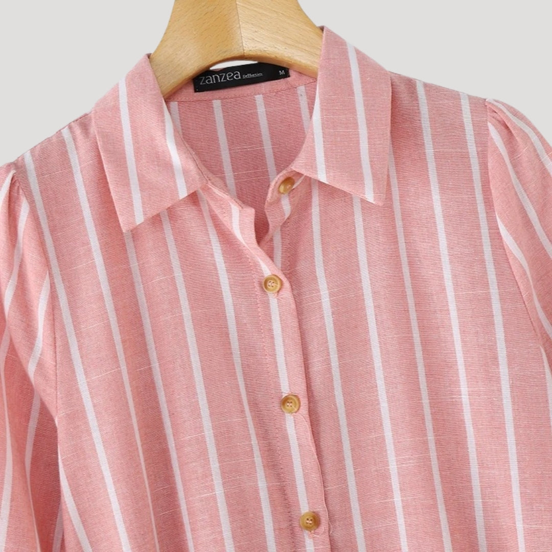 Nysera | Gestreepte Midi Overhemdjurk – Taillering, Casual Zomerjurk met Halflange Mouwen