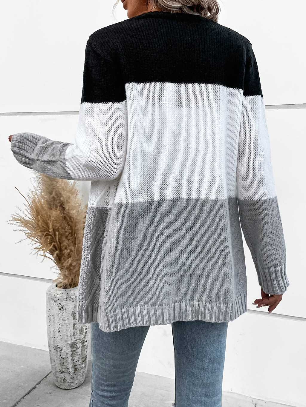 Zephyrette | Gilet chic pour femme – Ouverture sur le devant, texture bicolore, pull en maille, modèle décontracté