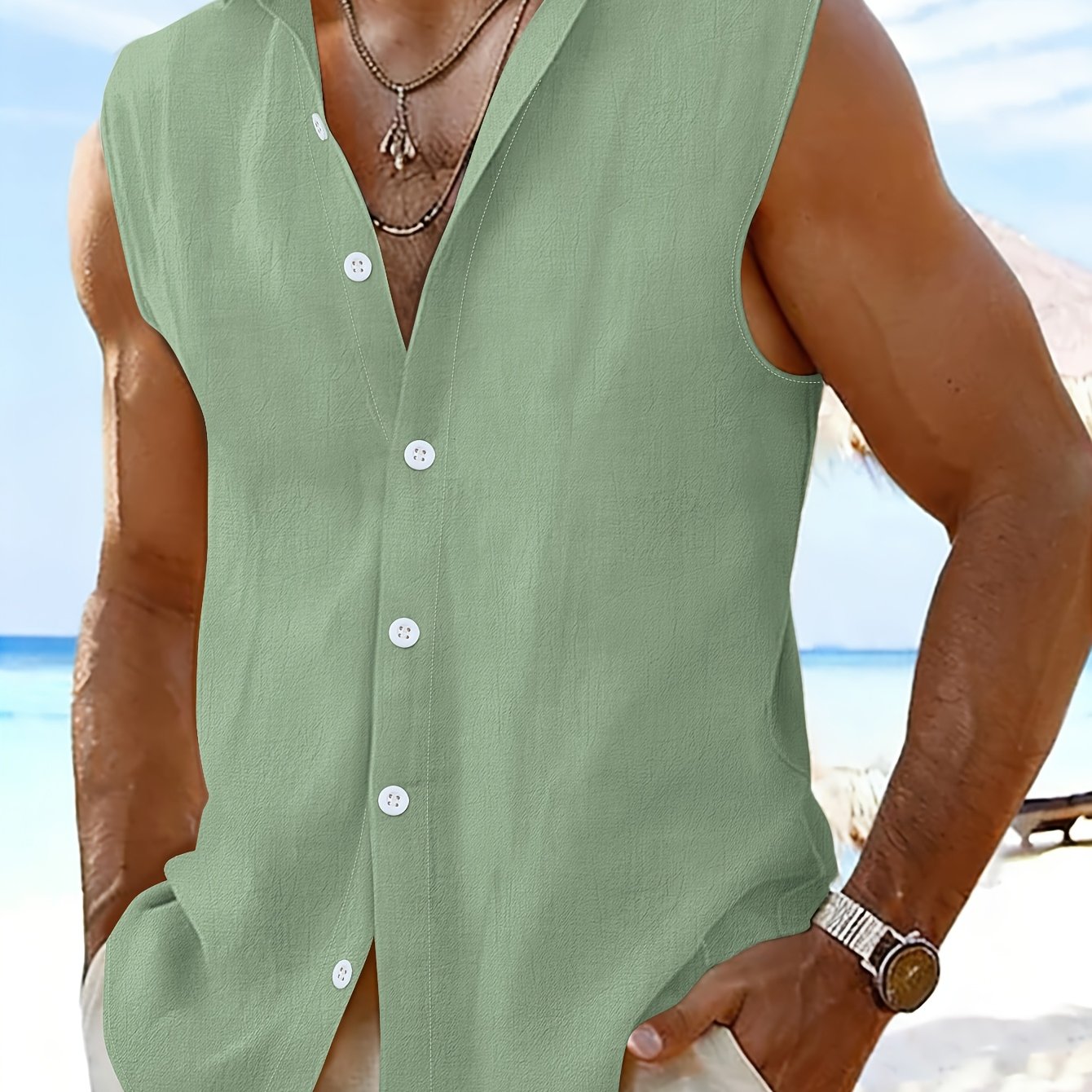 Pike | Mouwloos overhemd met revers voor heren – Casual tanktop met knopen voor buiten