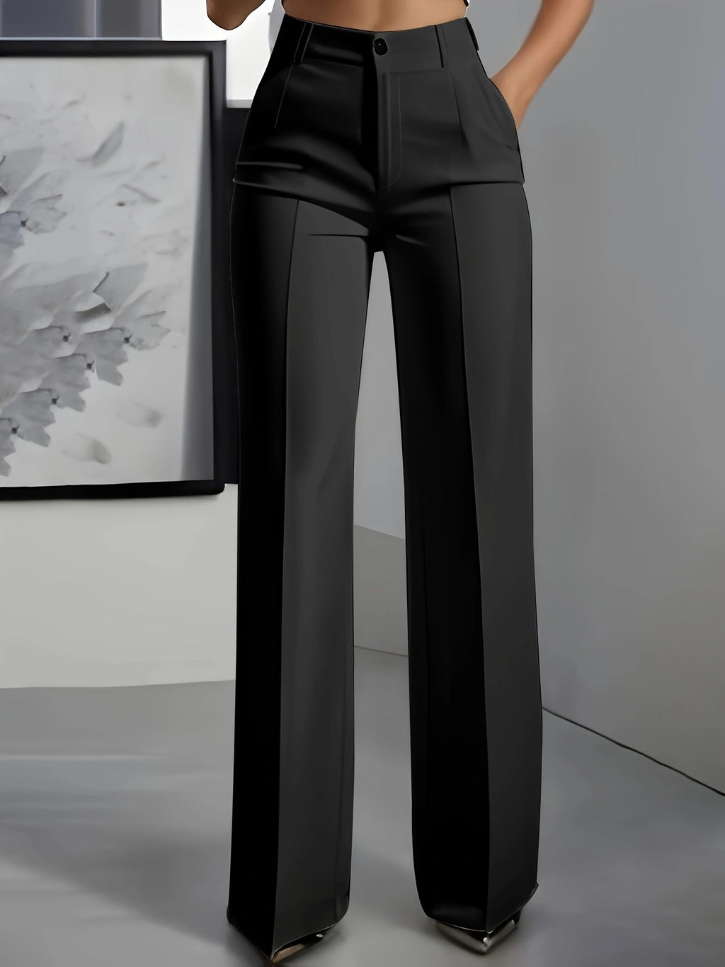 Oralia | Elegante Damenhose mit weitem Bein – Gerade geschnittene, hochgeschnittene Hose mit Knopfverschluss