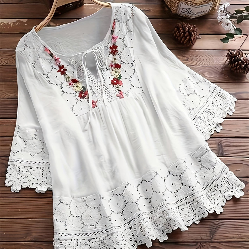 Elarona | Damesblouse met kanten patchwork – Lente/zomer-top met lange mouwen
