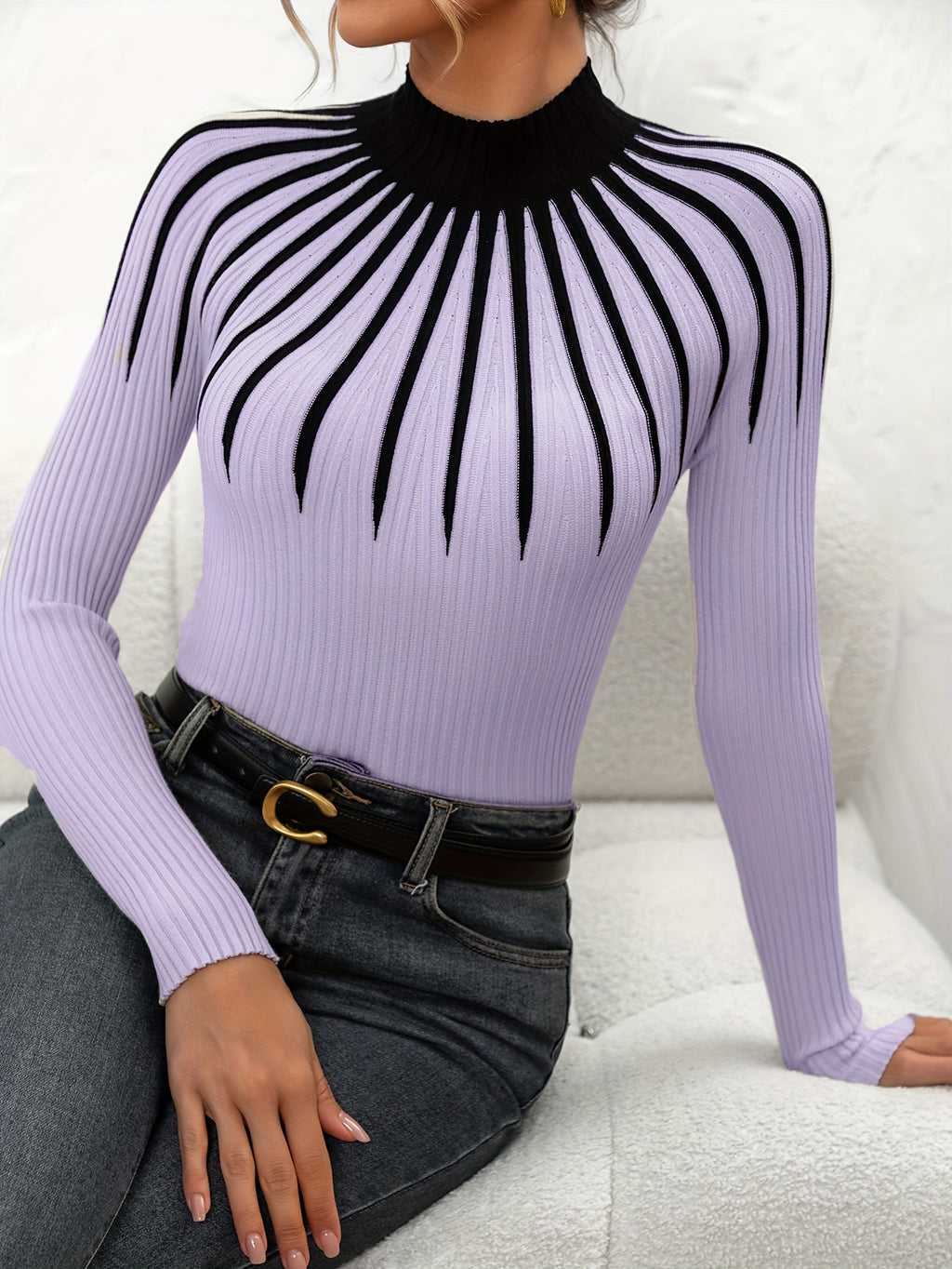 Dariole | Dames Geribde Colorblock Pullover – Elegante Gebreide Top met Lange Mouwen