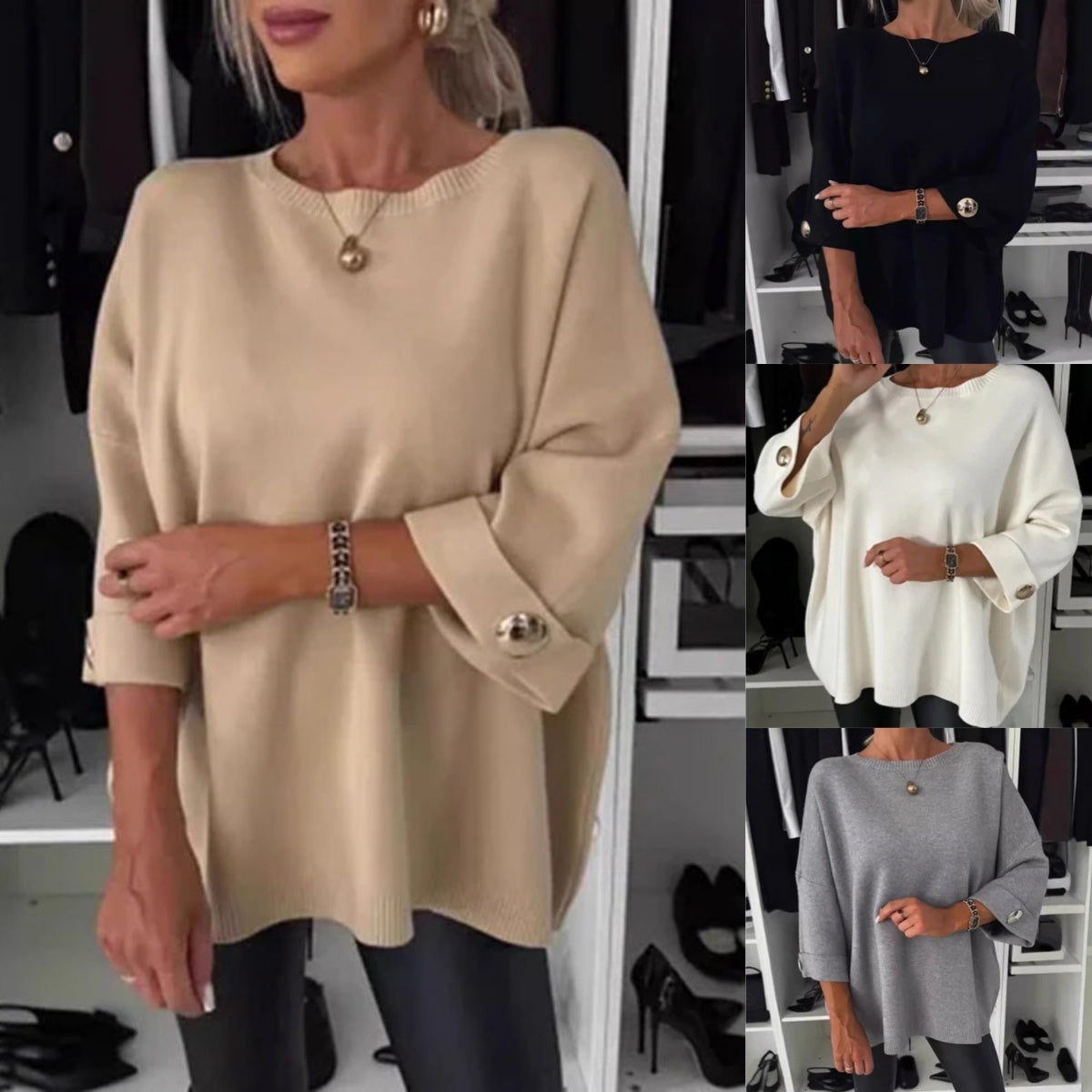 Jelisse | Top ample en maille pour femme – Chemise décontractée et chic à manches 3/4 et détails boutonnés