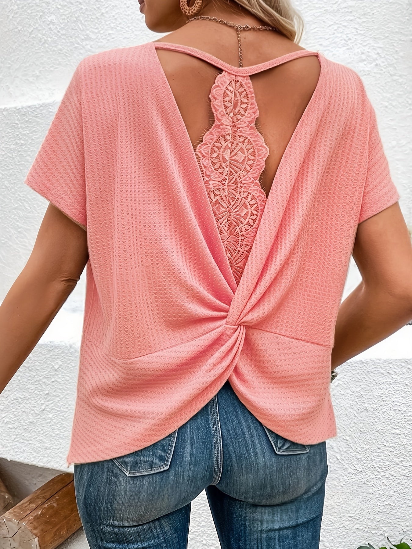 Sylphae | Damesblouse met kanten patchwork en korte mouwen
