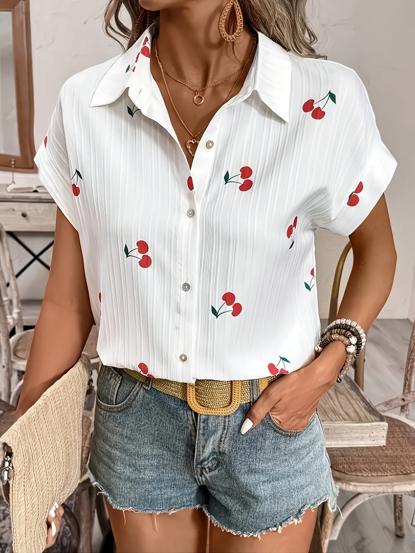 Azmara | Damesblouse met kersenprint – Overhemd met korte mouwen en knoopsluiting