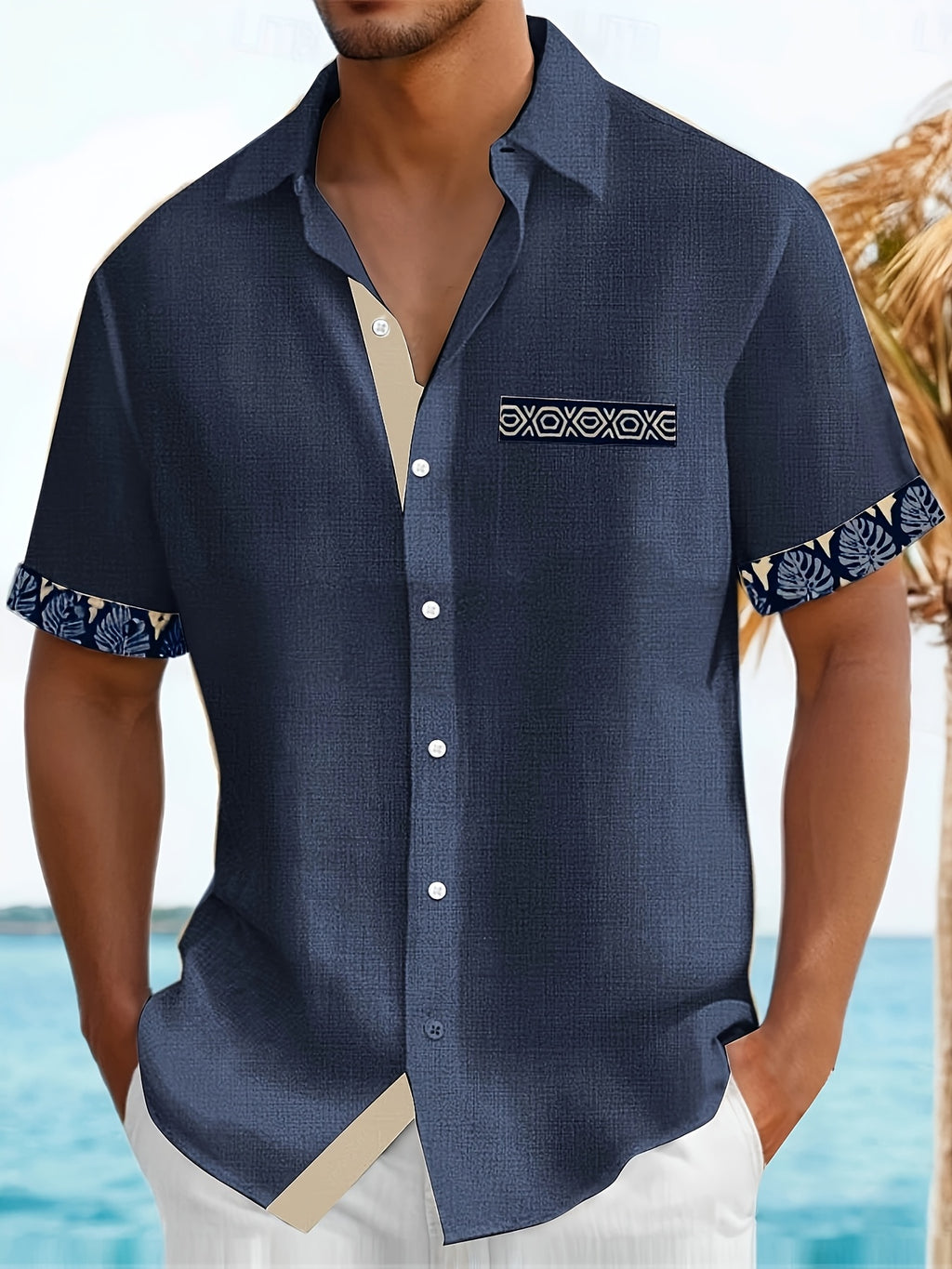 Wrenz | Herenoverhemd met patchworkprint – Casual overhemd met korte mouwen, revers en borstzak