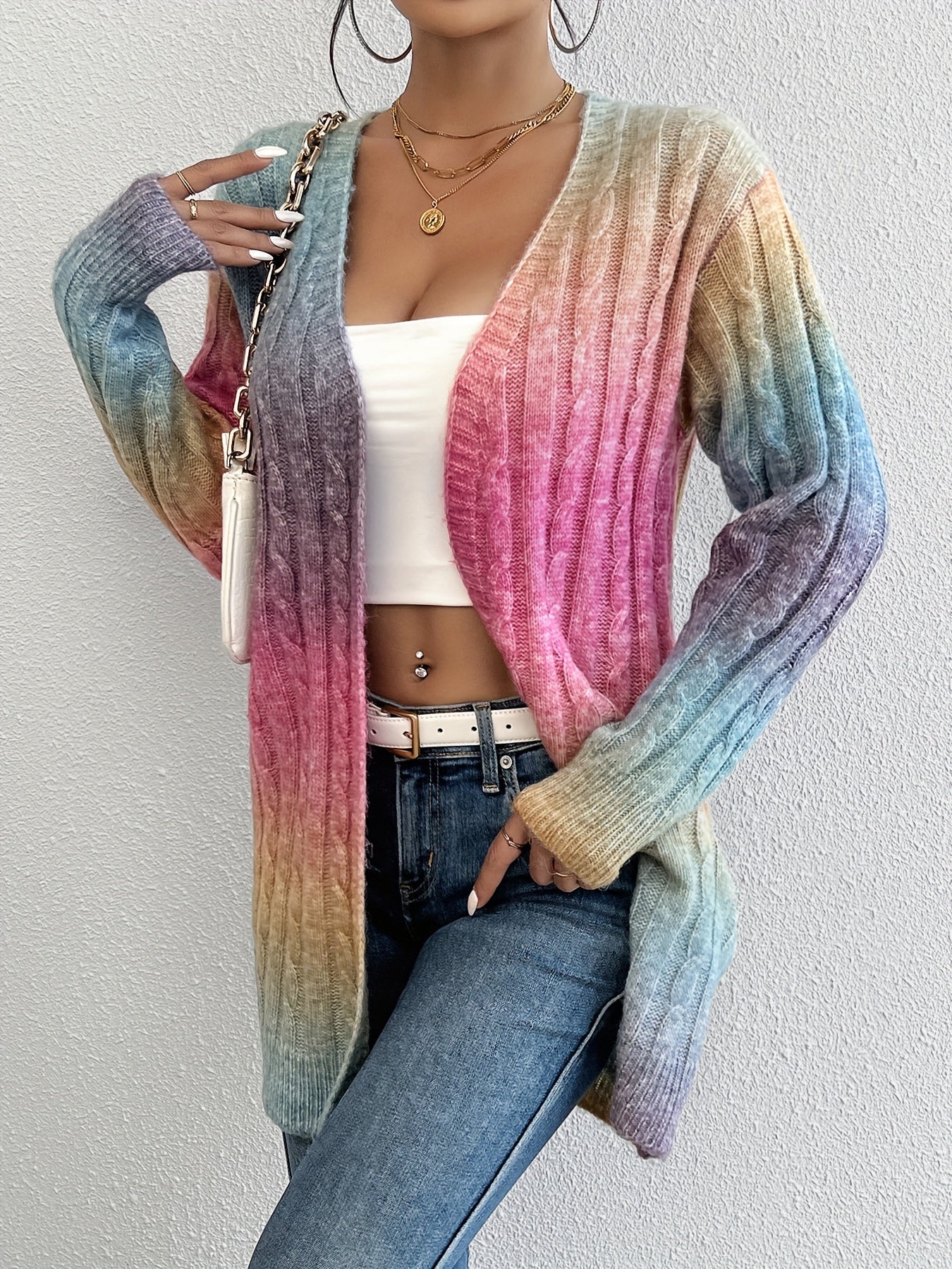Alyssia | Ombre vest voor dames – pastelroze naar blauw/paars, lang model met open voorkant