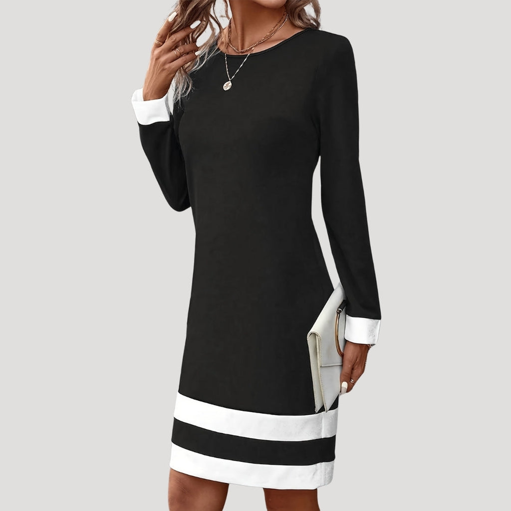 Valviera | Elegante midi-jurk met kleurblokken voor dames – ronde hals, lange mouwen