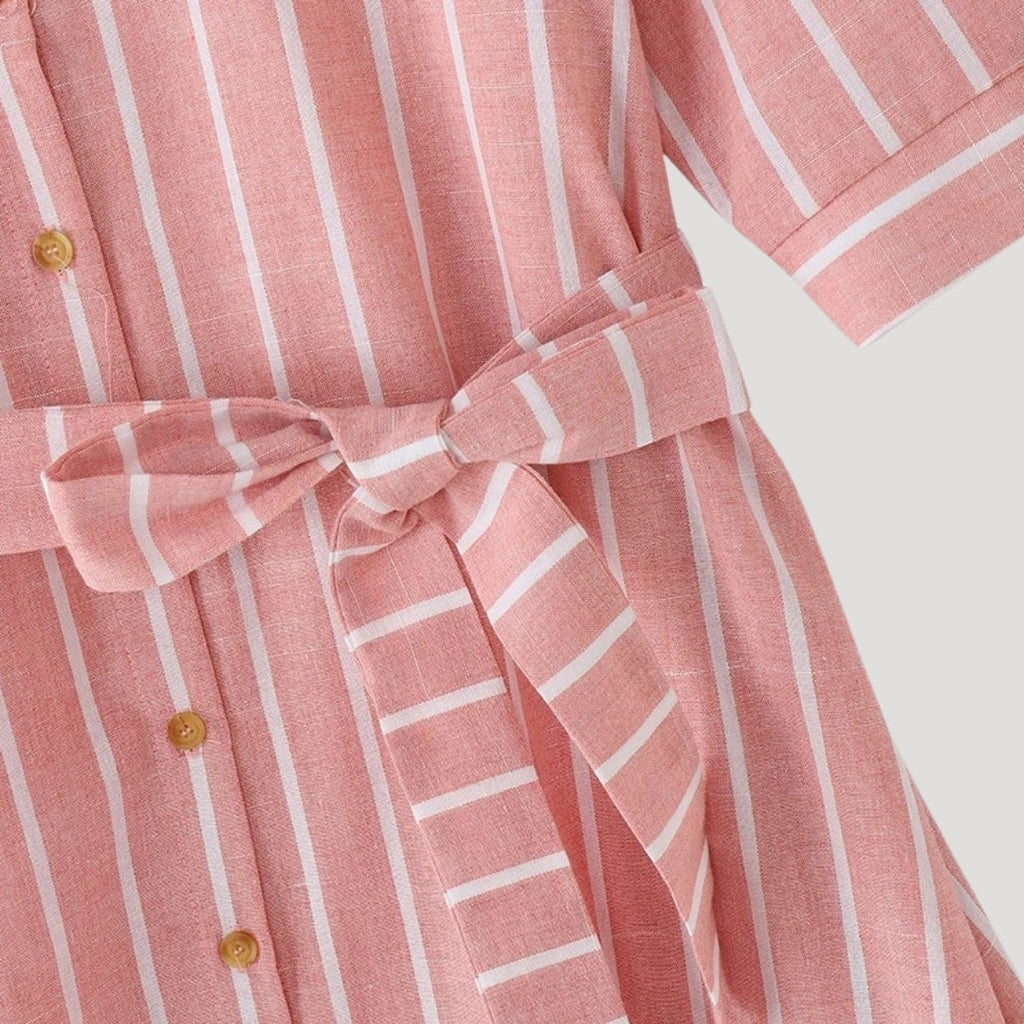 Nysera | Gestreepte Midi Overhemdjurk – Taillering, Casual Zomerjurk met Halflange Mouwen