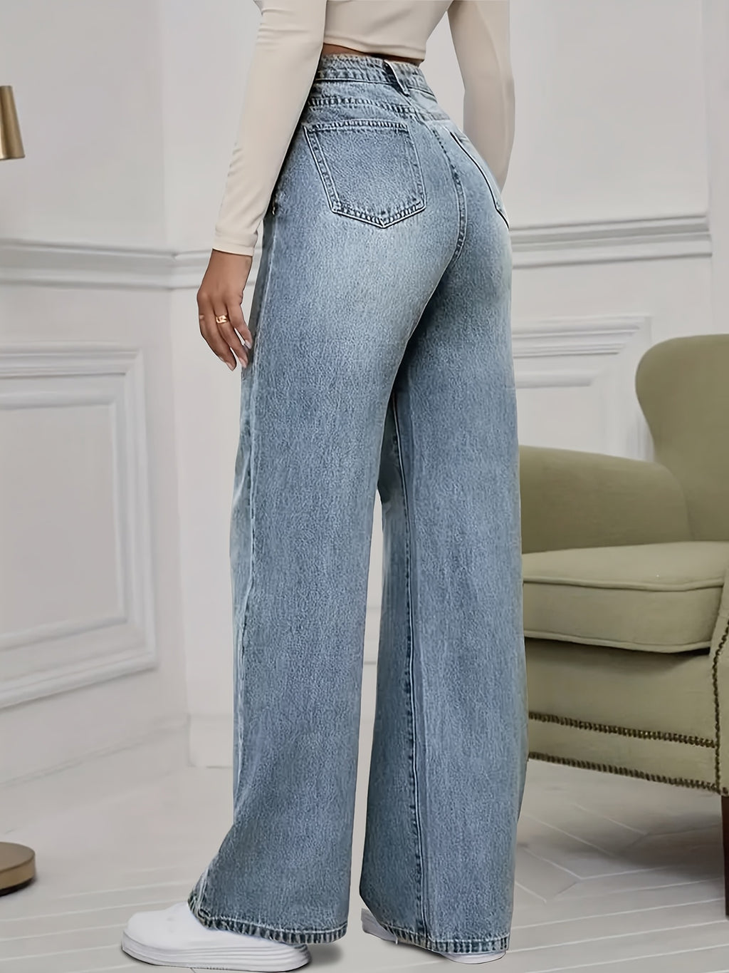 Bryndelle | Hoge taille, rekbare jeans met wijde pijpen – Losse, rechte vintage blauwe denim met zakken