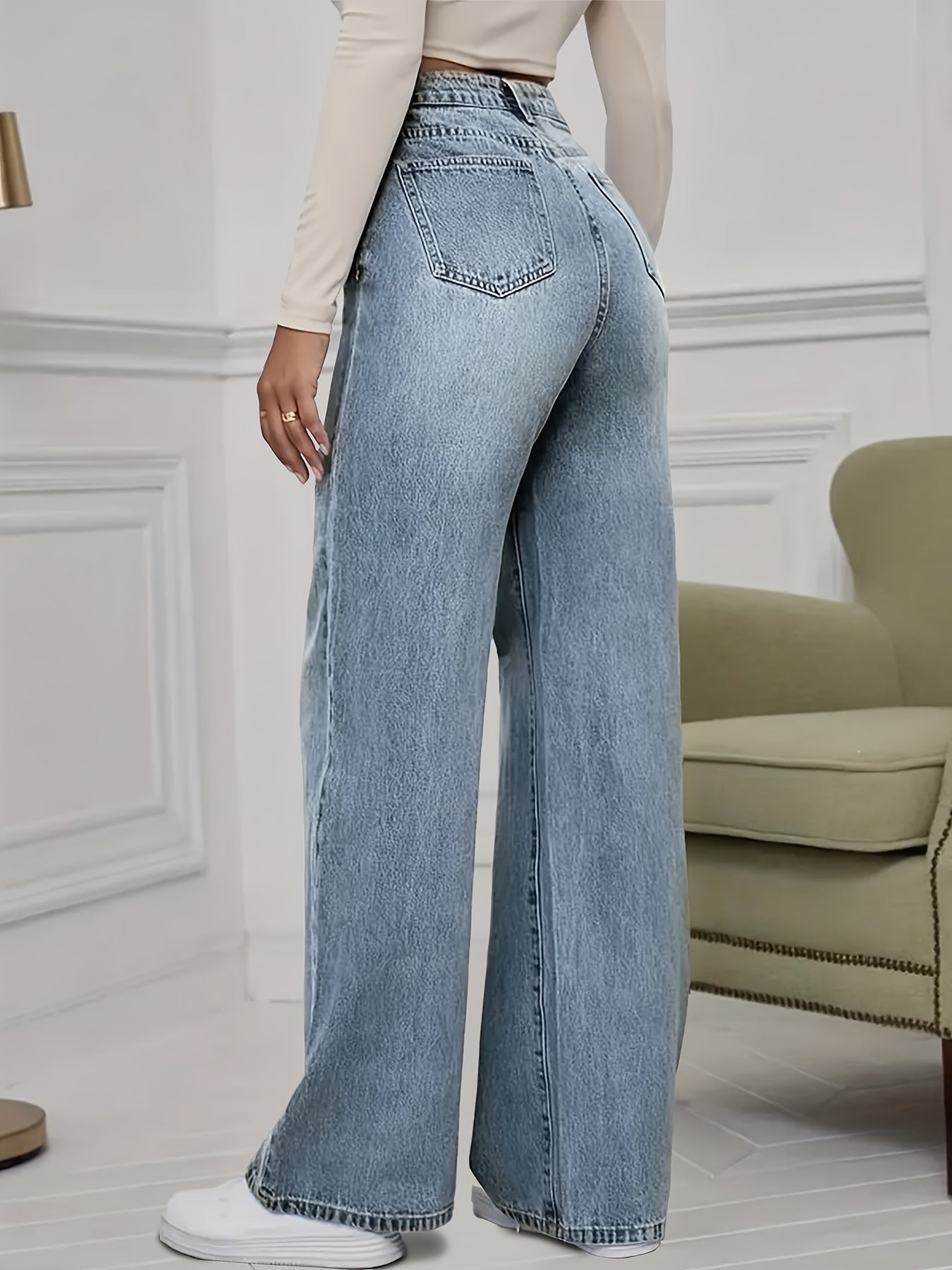 Bryndelle | Hoge taille, rekbare jeans met wijde pijpen – Losse, rechte vintage blauwe denim met zakken