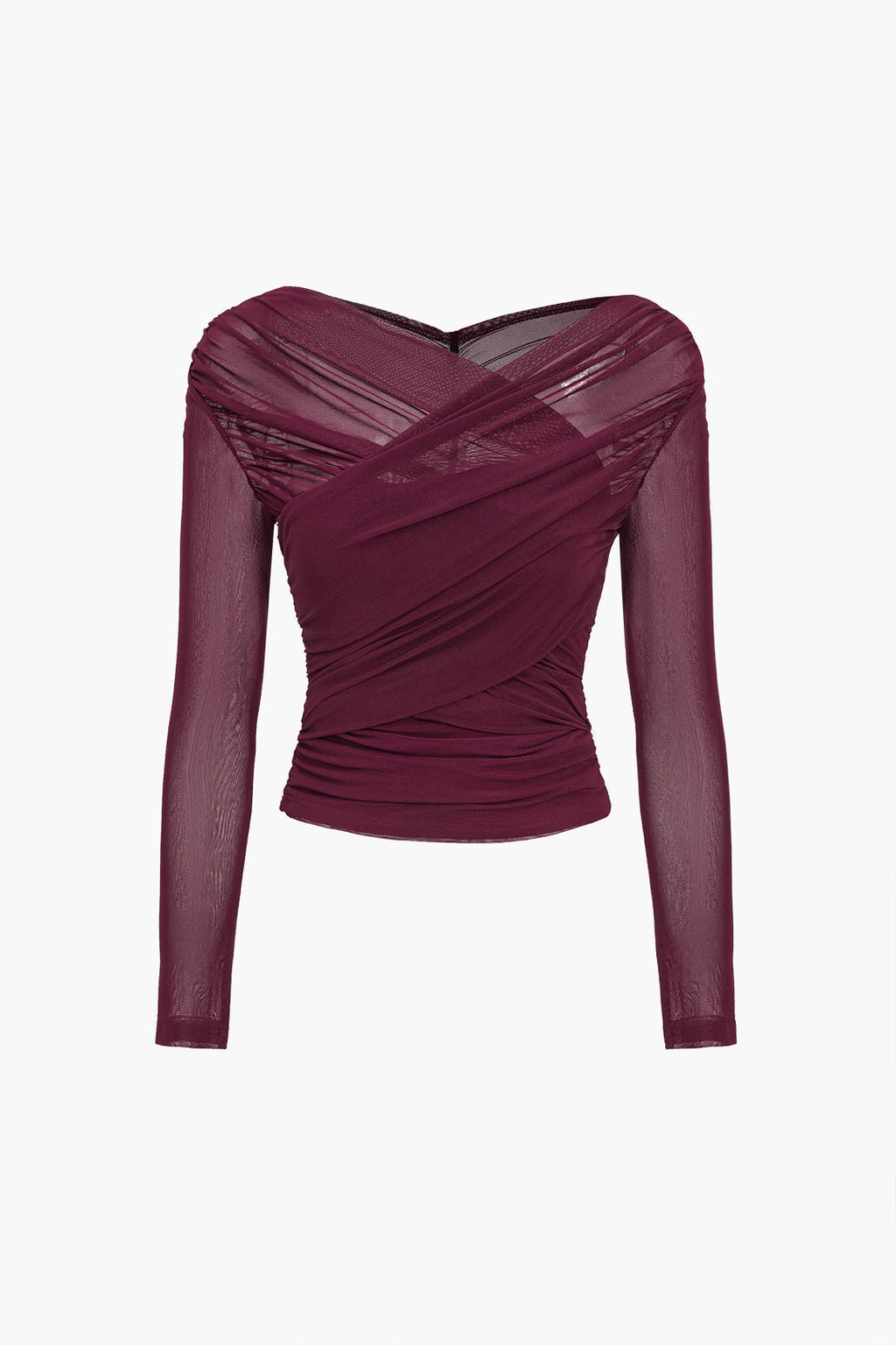 Evira | Damesblouse van mesh met ruches – Doorschijnende stretchtop met lange mouwen