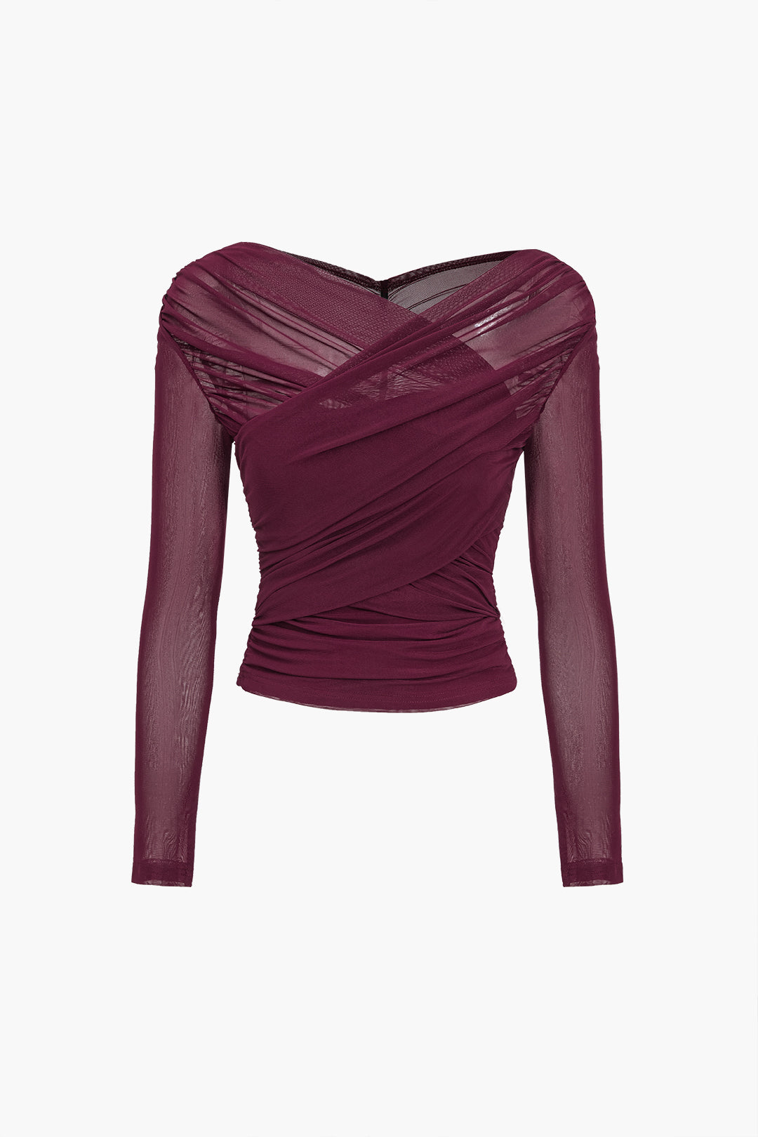 Evira | Damesblouse van mesh met ruches – Doorschijnende stretchtop met lange mouwen