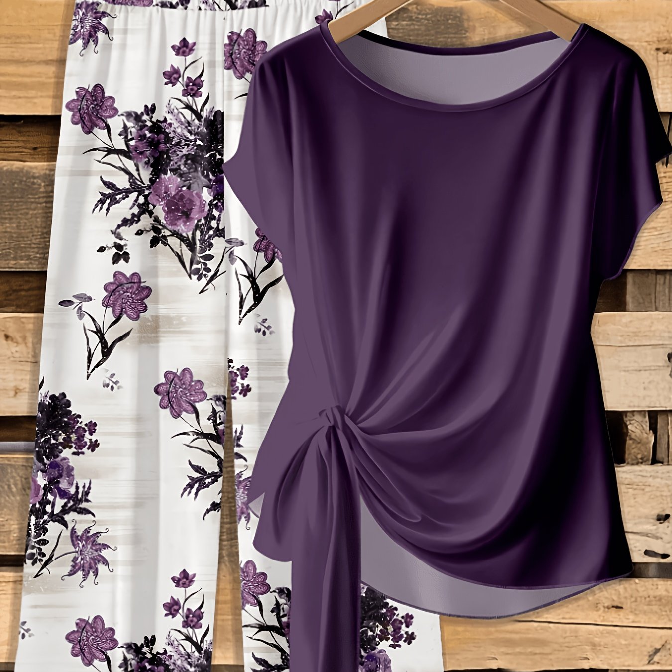 Gena | Tweedelige damesset – top met korte mouwen en bedrukte wijde broek, zomerse co-ord set