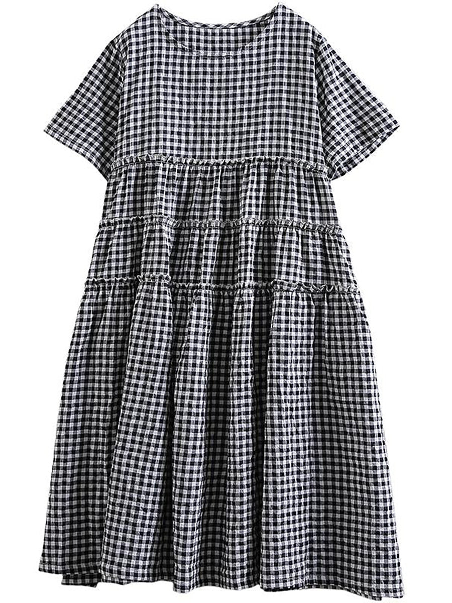 Tiraya | Katoenen geruite jurk met korte mouwen voor dames – Casual zomerse midi-jurk met losse pasvorm