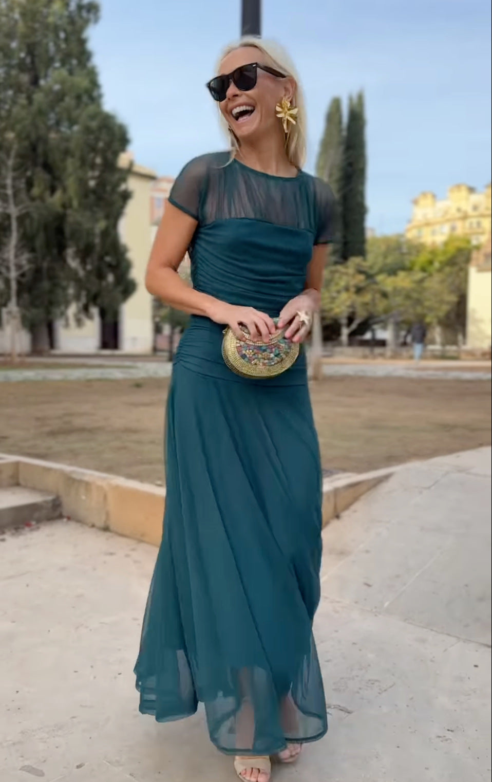 Vaelissey | Chiffonjurk voor dames – Elegante midi-jurk met ronde hals