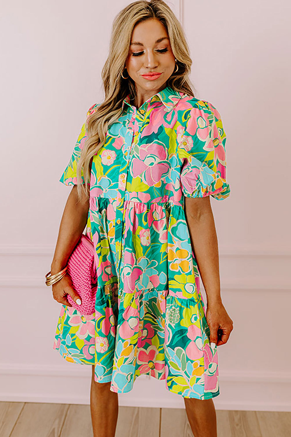 Melantha | Groene bloemenprint babydoll jurk met pofmouwen en kraag – Lichtgewicht zomerjurk