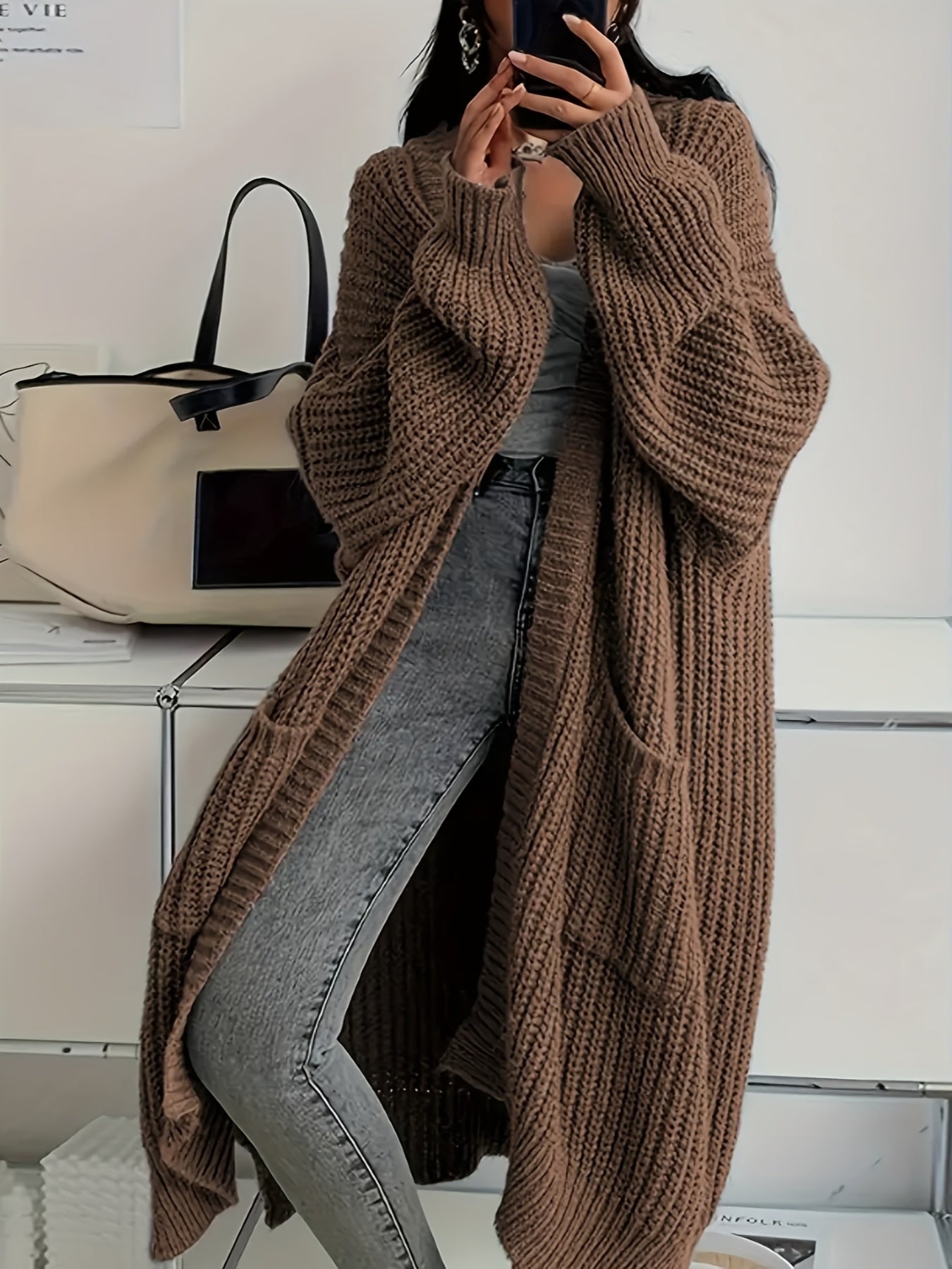 Myvessa | Langer Strickcardigan für Damen – offener, Oversize-Schnitt, lässiger Pullover für Herbst und Winter