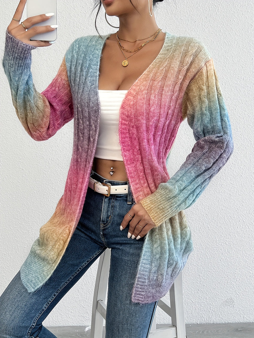 Alyssia | Ombre vest voor dames – pastelroze naar blauw/paars, lang model met open voorkant