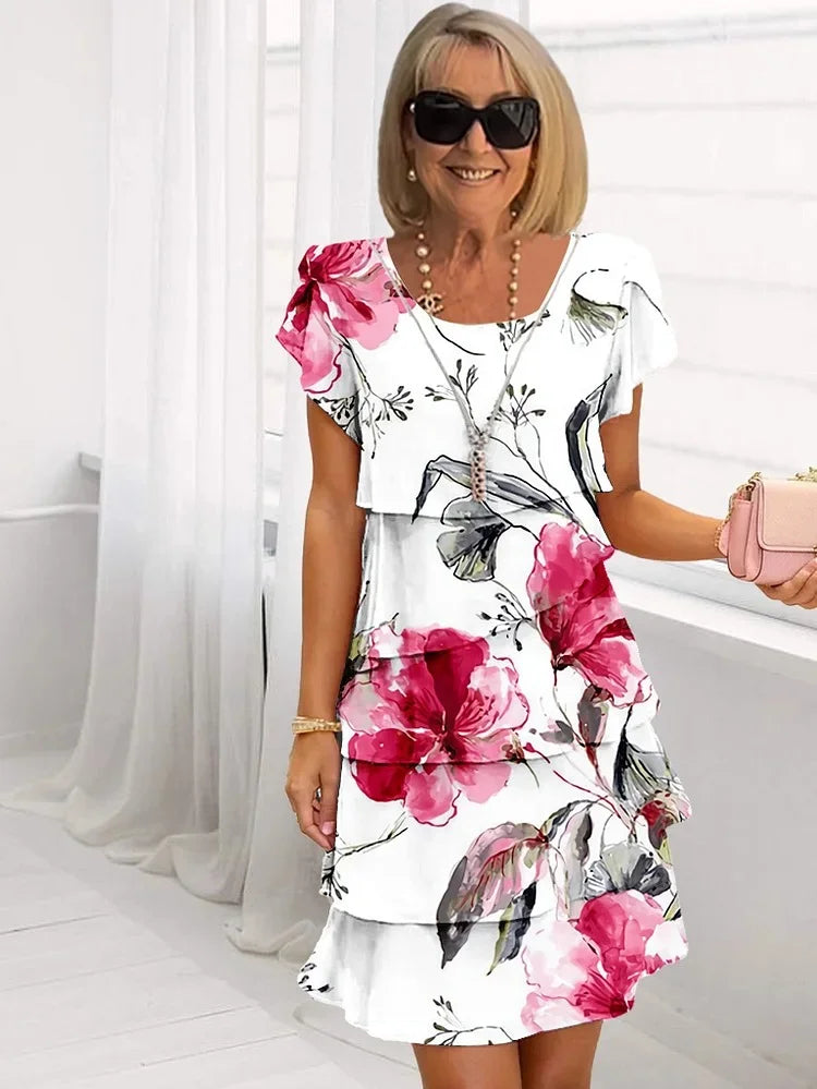 Hirael | Plissé bloemenjurk met ruches voor dames – elegante getailleerde midi-jurk